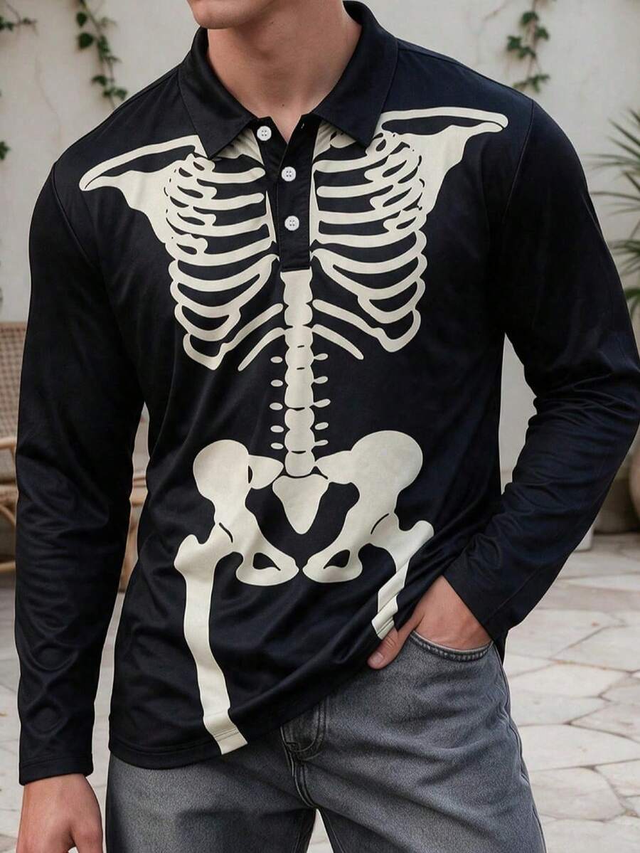 Men's Long Sleeve Polo Shirt, Full Skeleton Ribcage Print Halloween Polo, Button Collar Casual Graphic Tee For Party Streetwear - Multicolor - View 1