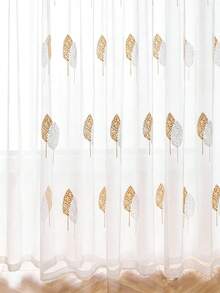 1PC Rod Pocket Gold & White Leaf Embroidered Sheer Curtain, Luxury Leaf Pattern, Soft Light Diffusing White Floor-Length Sheer Curtain For Cozy Wooden Kids Room - Multicolor - View 7