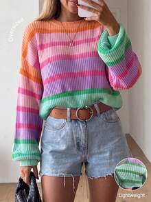 Suéter de punto holgado y ligero con rayas arcoíris estilo dopamina para mujer, talla grande, nuevo para invierno y otoño - Multicolor - Ver 3