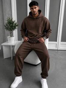 Men Solid Kangaroo Pocket Hoodie And Jogger Pants 2 Pieces Set, Brown Loose Casual Tracksuit - Brown - View 3