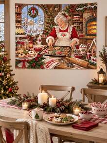 1PC Mrs Claus Holiday Bakery Horizontal Wall Tapestry, Gingerbread Cookie Candy Cane Christmas Wall Hanging, Faux Ultra-Soft Polyester Single-Sided Print, Multiple Sizes - Multicolor - View 10