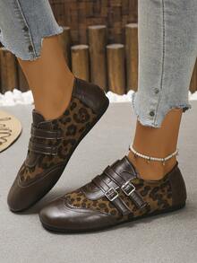 XfxfLadies' Fashionable/Color Blocked Flat Sole Shoes, Leopard Print Double Buckle Women's Shoes, Suitable For Casual Daily/Shopping Wear. - Mocha Brown - View 6
