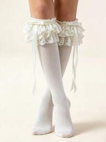 1pc Women's Lolita Style White Ruffle Lace Mid-Calf Socks, Satin Bow Long Ribbon Decor Calf Socks, Comfortable & Breathable Socks, Suitable For Dating, Costume Party, Sweet Outfit & Street Style - Multicolor - View 5