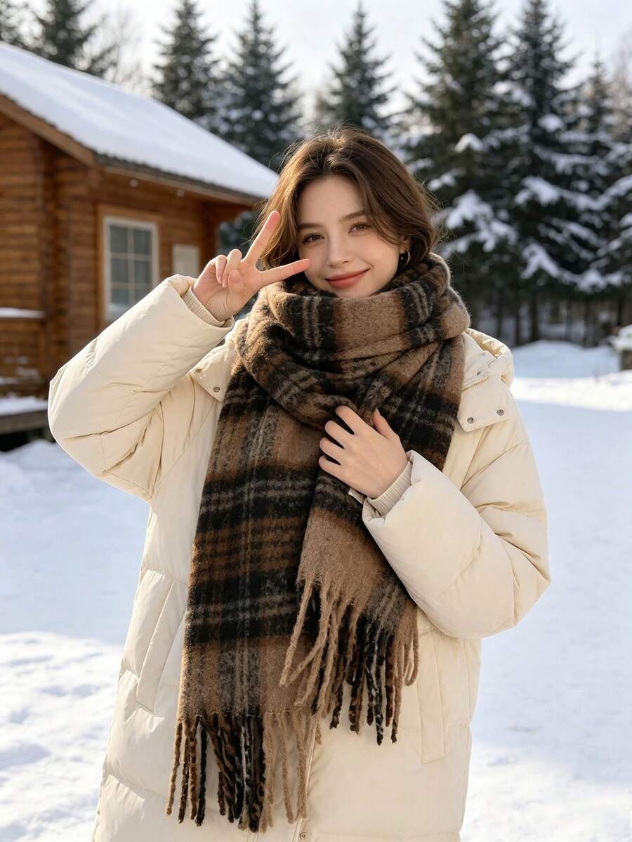 女款冬季抓絨法蘭絨圍巾,厚實保暖格紋拼接披肩,彈性柔軟質感,街頭風百搭休閒戶外必備時尚配件 - 04-卡其咖啡色 - 查看 1