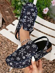 Women's Shoes Cork Raised Thick-Soled Slippers Flat-Soled Half Slippers Japanese Mules Shoes Snowflake Pattern Fashion Slippers - Navy Blue - View 2