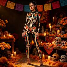 Mono Enterizo Mujer Manga Larga Estampado Esqueleto con Flores Día de los Muertos, Body Ajustado para Cosplay, Ideal para Fiestas Temáticas, Disfraces y Eventos de Halloween - Negro - Ver 1