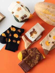 5 Pairs Women's Mid-Calf Cotton Socks, Autumn Pumpkin Squirrel Maple Leaf Vintage Theme, Cute Cartoon Versatile Socks - Multicolor - View 5