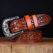 1pc Unisex Western-Inspired Belt With Ornate Carved Buckle And Full Embossed Scroll Strap Detailing, Rivet-Reinforced Vintage Design - UH035 - View 3