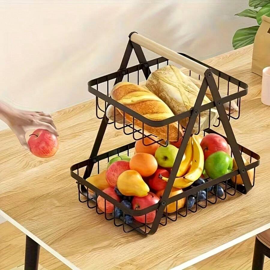 1 pieza Cesta de frutas y verduras para encimera, estante de almacenamiento con forma de cuenco desmontable con asa de madera, organizador de almacenamiento y conservación de alimentos frescos para la cocina, accesorio de cocina