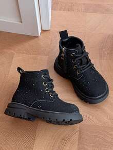 New Kids Shiny Rhinestone Boots, Autumn/Winter Girls Casual Ankle Boots With Side Zipper, Easy On/Off, Non-Slip - Black - View 3