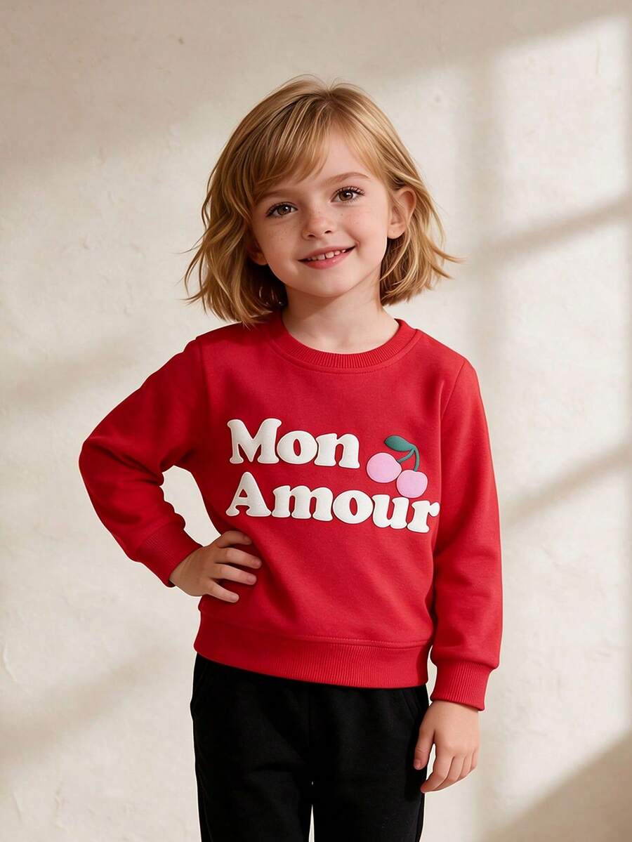 Girls Long Sleeve Sweatshirt With 3D Puff Letter Mon Amour & Cherry Patch Print, Loose Sweet Casual Pullover Top For Toddlers - Red - View 1