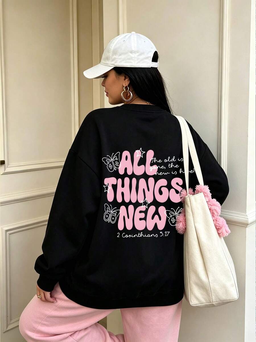 Coninthians 5:17 Pink Butterfly Print Plus Size Women's Sweatshirt, Soft And Breathable, Suitable For Autumn And Winter Wear - Black - View 1