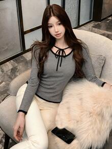 Korean Vintage Scarf Tie Contrast Color Striped Long Sleeve T-Shirt Women Autumn Versatile Commute Slimming Knit Top - Black and White Stripes - View 3