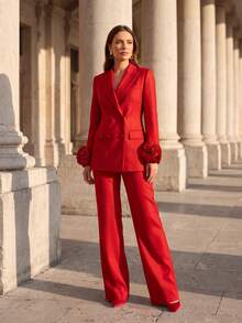 Spring/Autumn Women's Urban Elegant Solid Color Long Sleeve Blazer With 3D Floral Cuff Decor, Double-Breasted Jacket And Straight Leg Pants Red Fall - Red - View 3