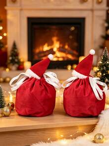 2pcs/Pack Party Gift Christmas Packaging Small Gift Small Present Drawstring Bag Candy Cookie Small Bag Flocked Drawstring Bag - View 9