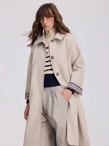 French Vintage Old Money Style Single-Breasted Long Trench Coat Plaid Colorblock Cuffed Sleeve Jacket - Khaki - View 5