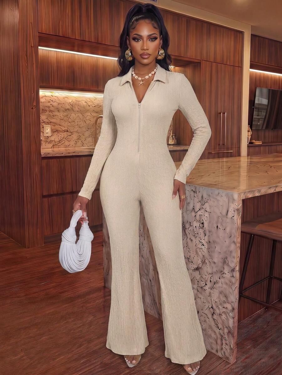 Women's Ribbed Knitted Unitard With Collar And Zipper, Long Sleeve Full Length Jumpsuit, Medium Stretch Fall Winter Outfit - Apricot - View 1
