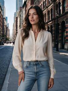 Women's Ruffle Collar Button-Front Puff Sleeve Blouse, Casual Top, Suitable For Autumn/Winter Daily Commute And Outings - Khaki - View 6