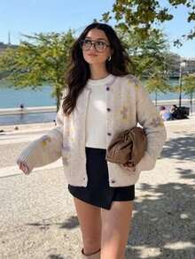 3D Crochet Floral Embroidered Sweater Cardigan, Round Neck, Button Front, Ribbed Trim, Long Sleeves, Beige, Elegant Fall Knitwear For Casual Layering - Apricot - View 4