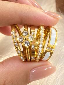 ZCNC Minimalist 5pcs/Set Women's 304 Stainless Steel, 18K Gold Plated, White Decor, Star-Shaped Ring Set, Suitable For Daily Wear, Party, And Perfect Gift For Holidays - Gold - View 11