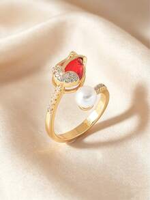 A Stylish Niche Tulip Pearl Teardrop Zirconia Design Women's Ring,Adjustable Open Luxury Ring For Daily Party Banquet Wear,As Gift For Friend/Family - Tulip - View 13