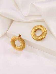 1pair Stainless Steel Round Stud Earrings For Women Fashion Simple Elegant Temperament Gold Color Hollow Texture Earring Jewelry - Earrings - View 6