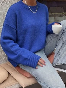 Women's Loose Solid Color Crew Neck Sweater, Drop Shoulder Long Sleeve Knit Pullover, Casual Autumn Daily Wear - Blue - View 3