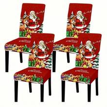 4pcs/6pcs Christmas Santa Claus Chair Cover, Red Stretch Dining Chair Slipcover With Reindeer Rabbit Print, Xmas Dining Room Home Party Decor - Red - View 1