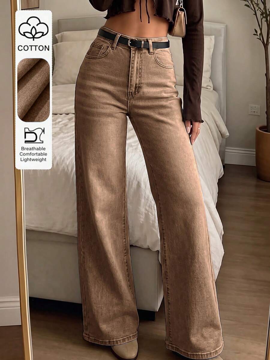 High Waist Washed Stretch Straight Leg Jeans, Casual Comfortable Daily Wear - Brown - View 1