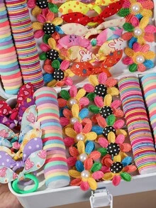 114pcs Girls Multi-Color Rabbit Ear Hair Ties, Cute Girl Hair Accessories, High Elasticity Durable Non-Damaging Hair Bands, Towel Scrunchies, Versatile Flower Hair Clips, Hair Accessories For Daily Use In Autumn - Multicolor - View 2