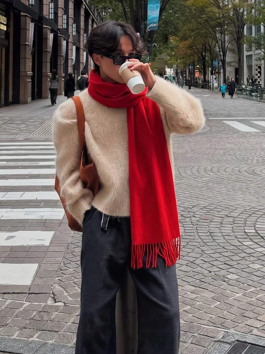 1 chiếc khăn choàng pashmina len màu trơn thời trang thu đông, giữ ấm, phong cách unisex casual chống lạnh có tua rua cho cặp đôi, phù hợp mặc hàng ngày - Nhiều màu - Xem 1