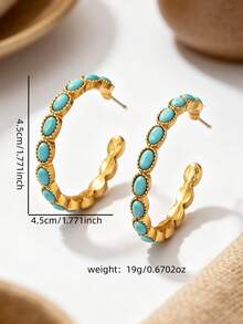 1 Pair Geometric Oval Faux Turquoise Hoop Earrings For Women - Multicolor - View 4