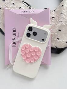 1PC 3D Heart Suction Cup Stress Relief Phone Case, Cute Angel Wings Design, Full Coverage Silicone Anti-Drop Soft Shell, Creative Bubble Case Compatible With Apple 16/16Pro/16Promax/17/17Pro/17Promax Protective Phone Case - White Pink - View 3