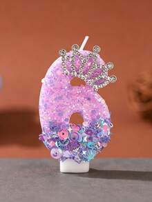 1pc Purple Pink Iridescent Glitter Number Birthday Candle With Rhinestone Crown Decor, 0-9 Number Cake Topper, Princess Theme Party Decoration, Girls Birthday, Baby Shower, Sweet 16 Dessert Table Cake Decor - View 20
