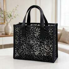 Tas Tangan Jala Hitam Motif Leopard - Tas Tangan Ultra Ringan dan Bernapas dengan Dua Pegangan, Tas Penyimpanan Kosmetik - Sempurna untuk Perjalanan, Pantai, dan Acara Santai, Tas Kosmetik Desain Terbuka di Bagian Atas - Hitam - View 1
