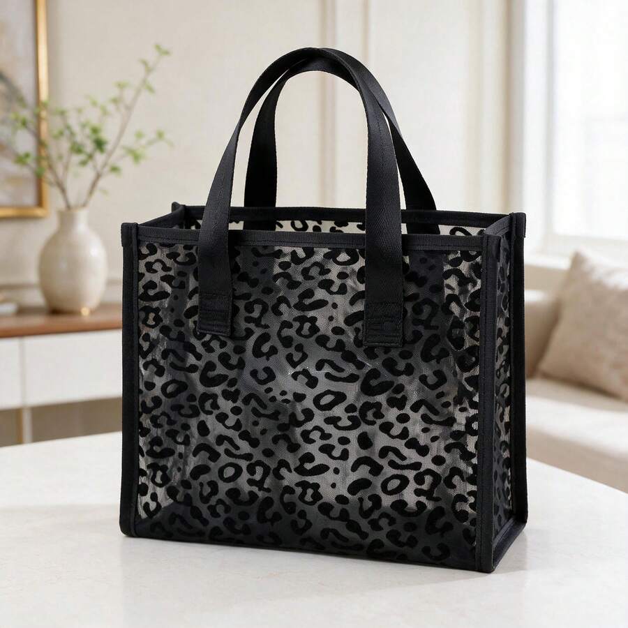 Tas Tangan Jala Hitam Motif Leopard - Tas Tangan Ultra Ringan dan Bernapas dengan Dua Pegangan, Tas Penyimpanan Kosmetik - Sempurna untuk Perjalanan, Pantai, dan Acara Santai, Tas Kosmetik Desain Terbuka di Bagian Atas - Hitam - View 1