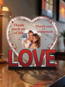 1pc Custom Personalized Photo Heart Shaped Desktop Plaque, Custom Photo Text, LOVE 3D Letter Base With Floral Heart Border Design,Bedroom Living Room - Red - View 4
