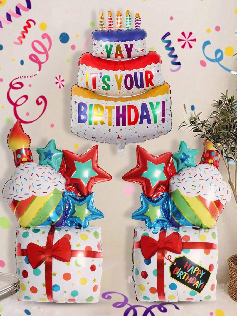 1pc/2pcs Colorful Candle 3-Layer Cake Balloon Birthday Decoration YAY Cake Foil Balloon Birthday Photo Prop - Cake Gift Box Balloon - View 1