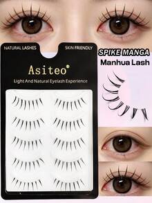 Asiteo 5 Pairs Cute False Eyelashes, Korean Style Cartoon Eyelashes, Cartoon Pointed Transparent Invisible Style, Natural Sweet Soft Lightweight, Pointed Tail Style, One-Piece Natural Hair Texture, Suitable For Beginners - Black - View 1