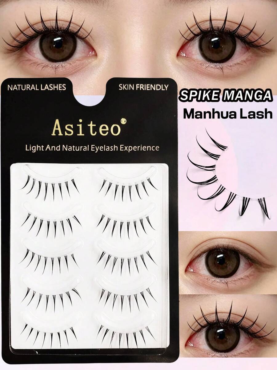 Asiteo 5 Pairs Cute False Eyelashes, Korean Style Cartoon Eyelashes, Cartoon Pointed Transparent Invisible Style, Natural Sweet Soft Lightweight, Pointed Tail Style, One-Piece Natural Hair Texture, Suitable For Beginners - Black - View 1