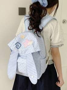 Rabbit Campus Backpack, Highly Attractive Little Rabbit Striped School Bag, Large Capacity, Double Layer Protection, Adjustable Shoulder Straps, Women's Backpack, Fresh College Style, Suitable For Commuting, Work, Travel And Various Other Scenarios - Blue - View 3