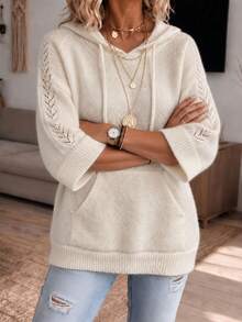 Women's Autumn/Winter Hooded Knit Pullover Sweater With Drawstring And Hollow-Out Details, Plus Size Comfortable Loose Fit Top - Apricot - View 6