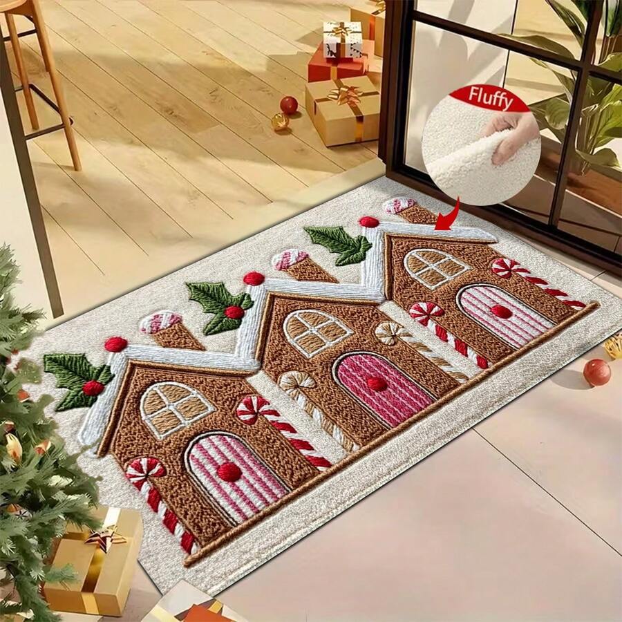 1pc Christmas House Pattern Design Microfiber Bath Rug,Non‑Slip Soft Bathroom Mat,Water‑Absorbent Doormat,Machine Washable,Knit Fabric,For Bedroom,Kitchen,Entryway,Indoor & Outdoor Use,Home Decor,Perfect Holiday Party Decor Gift,Christmas Decoration - A - View 1