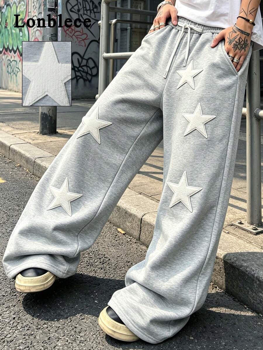 Lonblece American Vintage Brand Style Multi-Position White Star Heavy Embroidery Towel Fabric Elastic Waist Versatile Straight Leg Sweatpants Streetwear - Grey - View 1