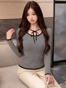 Korean Vintage Scarf Tie Contrast Color Striped Long Sleeve T-Shirt Women Autumn Versatile Commute Slimming Knit Top - Black and White Stripes - View 5