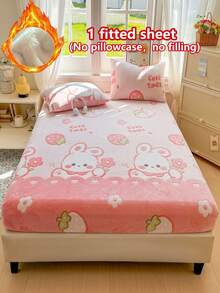 1pc Thick Soft Breathable Snowflake Flannel Print Fitted Mattress Protector (Single Fitted Sheet), Warm Touch Moisture-Wicking Breathable, Non-Slip Mattress Cover, Easy Removal Machine Washable, Suitable For All Seasons, Height 30cm, Ideal For Bedroom Decor - Strawberry Bunny - View 3