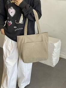 Classic Corduroy Tote Bag, Wide Strap Design For Comfortable Carrying, Front Pocket For Convenient Storage Of Small Items. Soft Bag Shape With Ample Capacity To Hold Books, Water Bottles And More, Fabric With A Relaxed Texture, Suitable For School And Commute, Easily Create A Simple Casual Outfit - Khaki - View 5