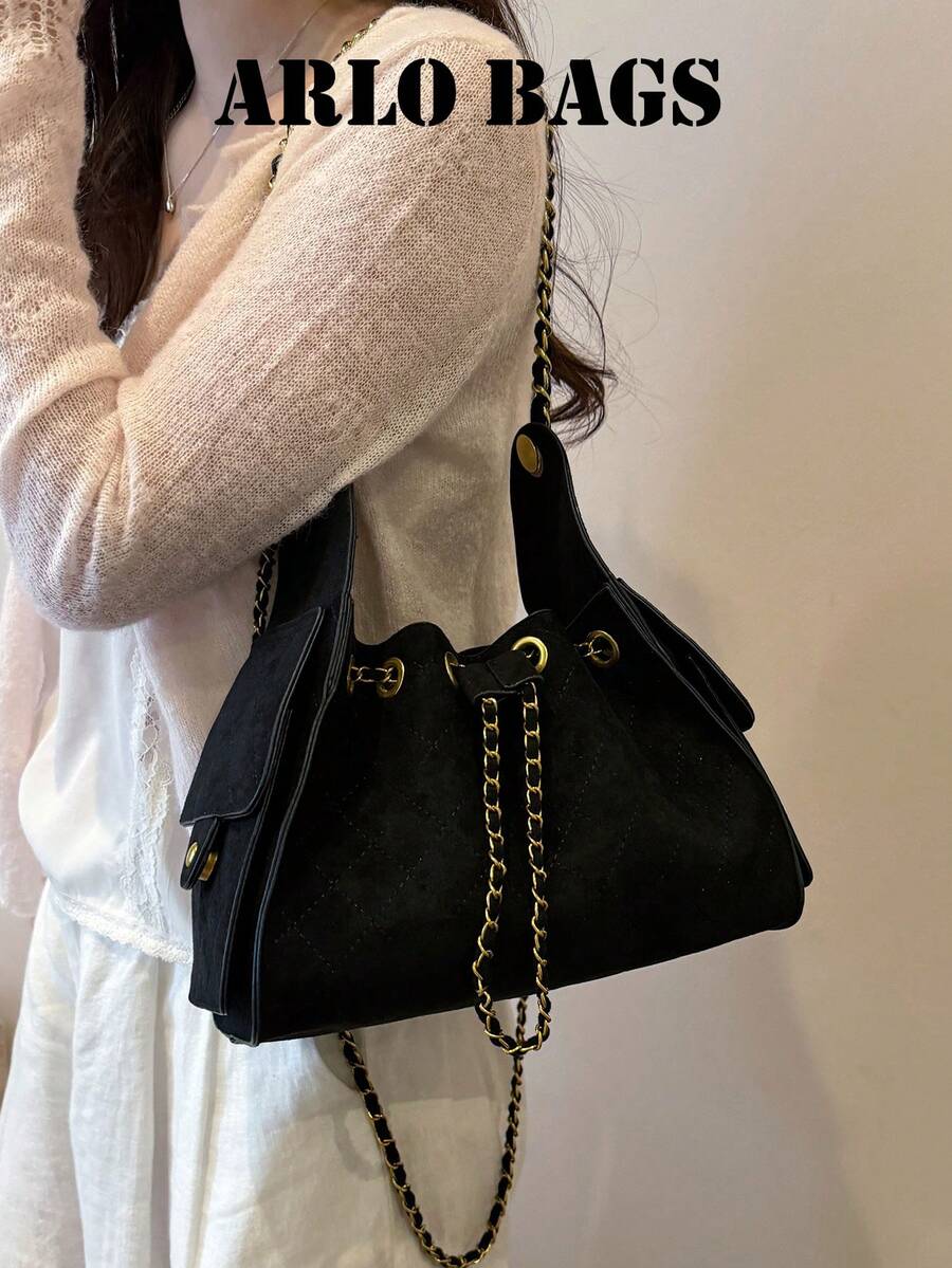 Large Capacity Shoulder Bag With Drawstring Closure, Vintage Distressed Matte Tote Bag For Women, Suitable For Daily Commute, Shopping And Dating, Metal Chain Strap For Shoulder Or Crossbody Wear, Retro Underarm Bag, Large Capacity Women's Bag, Versatile Commuter Bag With Atmospheric Style - Black - View 1