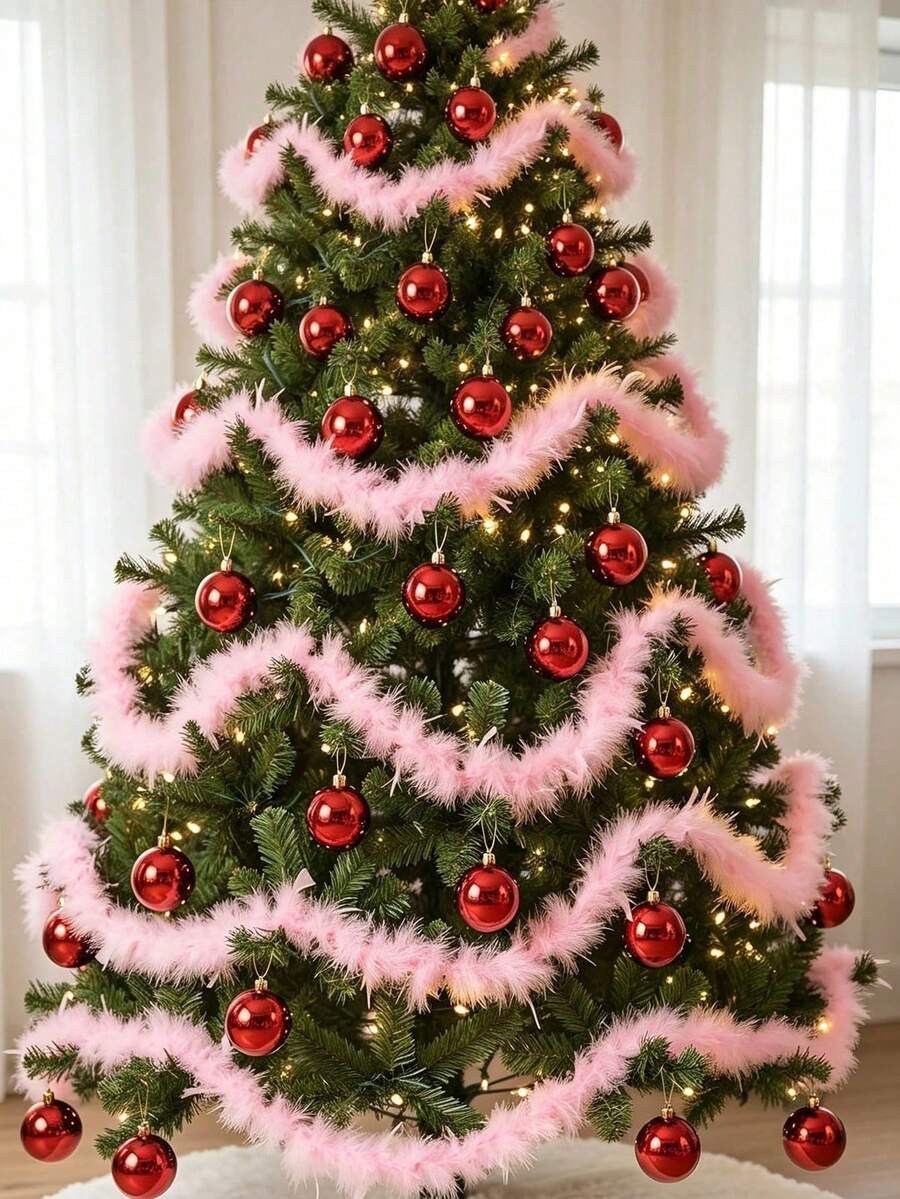 1Pc Christmas Pink Feather Tinsel, Elegant Pink Feather Garland, Artificial Ribbon Garland For Christmas Tree, Fireplace, Stair Railing, Indoor And Outdoor Decorations - Multiple Styles - View 1