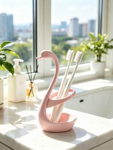1pc Creative Swan Toothbrush Holder Makeup Brush Holder Bathroom Sink Storage Rack Vanity Multi-Functional Makeup Brush Organizer Bathroom Storage Rack Vanity Desktop Decor Women Gift Space-Saving Storage Suitable For Bathroom Bedroom - Multicolor - View 4